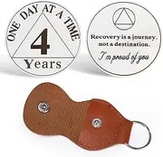 CHURYUML 4 Year Sobriety Coin with PU Leather Keychain - One Day at A Time Sober Chip, Four Year AA Medallions Recovery Token Sobriety Gifts for Women & Men Celebrating Milestones in Sober