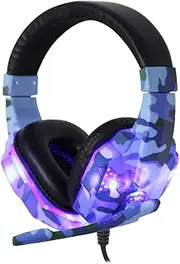 SY830MV Gaming Headset 3.5mm Wired Over Ear Headphones Noise C ing E-Sport Earphone with Mic Light AUX+USB for Desktop PC Camouflage Blue