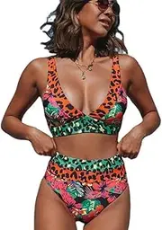 [Generic] Women's Leopard Bikini Swimsuits V Neck High Waisted 2 Piece Bathing Suits