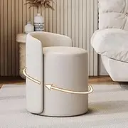 Comfy Modern Minimalist Off-White Round Vanity Stool with Backrest, PU Leather Swivel Makeup Chair, 360 Rotatable, 37cm x 55cm / 14.5in 21.7in