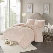[Madison Park] Laetitia 100% Cotton Duvet Set-Chenille Tufted Medallion Design All Season Cozy Bedding Shabby Chic Comforter Cover, Matching Shams, King/California King (104 in x 92 in), Floral Blush