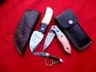 CAMEL BONE Folding Pocket+7" Drop Point DAMASCUS Hunting/Camping Knife Knives