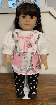 MAUVE PARIS/EIFFEL TOWER SET WPANTS/APRON/BLOUSE/HEADBAND FITS AMERICAN GIRL