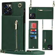 Crossbody Leather Wallet Phone Case with Card Holder and Adjustable Strap-Green