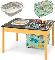 HONEY JOY 4-in-1 Kids Activity Table, Children Wooden Sensory Table Indoor Outdoor Play Study Desk w/Foldable Storage Bin, Cloth Storage Bag, Racing Track Game Table for Kids Aged 3-8 Years