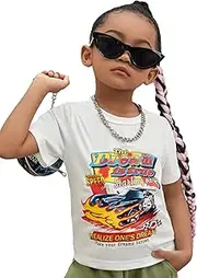 [WDIRARA] Toddler Girl's 2 Piece Outfits Car and Letter Graphic Print Tee and Flap Pocket Cargo Pants Set