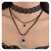 [ANGLEQUEEN] Gothic Black Bead Chain Lace Choker Necklace Emo Goth Jewelry for Women Layered Witch Necklaces Cross Moon Heart Pendant Halloween Accessorie Costume