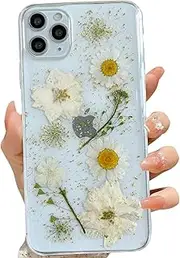 LSEEKA for iPhone 11 Pro Clear Case with Pressed Real Flowers Design,Glitter Cute White Floral Pattern Slim Soft TPU Protective Women Girl's Phone Cover for iPhone 11 Pro