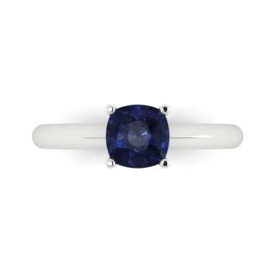 1.0Ct Cushion Cut Blue Sapphire Solid Gold Solitaire Engagement Promise Ring