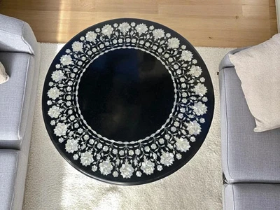 Black Marble Coffee Table Top | Mother of pearl inlay stone art | Home Decor
