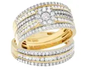 Ladies/Mens 14K Yellow Gold Diamond Cluster Top Trio Bridal Ring Set 1.50 ct 6MM