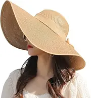 [Bamboopack] Women Wide Brim Sun Protection Straw Hat Summer Foldable Floppy Beach Sun Hat Cap with Bow UPF 50+(Khaki)