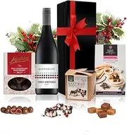 Purely Gourmet Wine Gift Hamper - Three Vineyards Shiraz with Mischief Milk Chocolate Raspberry Jelly, Assorted Fudge & Whisk & Pin Rocky Road – Elegant Gift Box with Red Ribbon