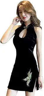 [STIOEDYUAN] Chinese Women Cheongsam Dress Hollow Out Sexy Mini Slim Side Split Stand Collar Keyhole Black Embroidery Qipao Bodycon