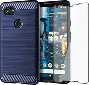 [Asuwish] Phone Case for Google Pixel 2XL with Tempered Glass Screen Protector Cover and Slim Thin Soft TPU Mobile Cell Accessories Protective Pixle 2 XL Pixel2XL Pixel2 LX Women Men Carbon Fiber Blue