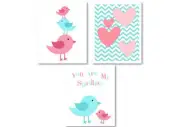 Girl Nursery Decor - Pink & Aqua Birds and Hearts - Print yourself!