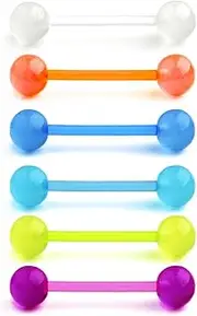 [vcmart] 6pcs 14 Gauge Plastic Tongue Nipple Bar Ring Set Glow in the Dark Bioflex 12/14/16/18mm Barbell Piercing Jewellery