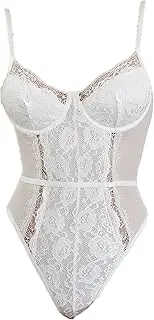 [Zylphorix] Women Eyelash Lace Bodysuit Lingerie One Piece Mesh Babydoll Underwire Floral Lace Deep V Neck Underwear