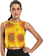 [ODAWA] Sunflowers Yellow Petals Womens Crop Tops Workout Running Shirts Gym Tops Sizes S-2XL