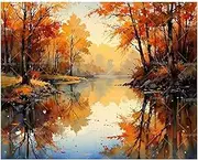 Falling Maple Leaves Paint by Numbers Kit for Adults - DIY Fall Forest Reflections by River Painting on Canvas 16x20 Inches, Acrylic Paint Set, Suitable for Beginners,Art for Home Decoration