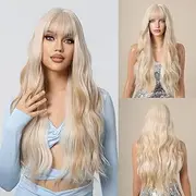 Long Wavy Platinum Blonde Wig with Bangs, Natural Blonde Synthetic Wig Heat Resistant Fiber Wig for Woman 27inch
