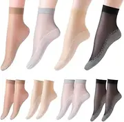 [VODAFQS] 4 Pairs of Nylon Ankle High Stockings with Non-Slip Cotton Insole, Ankle Fine Socks, Non-Slip Fine Socks, Women, 4 Colours
