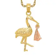 14K Solid Two Tone Gold Stork Necklace