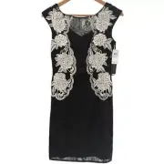 Aidan Mattox Dress Sheath Women Size 2 Black Lace White Beaded Sleeveless New