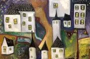 Little Village homes castles towers oil painting Melissa Bollen naive primative