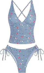 [ZAFUL] Women's Tankini Set V Neck Tummy Control Floral Printed Tie Side Thong Bikini Swimsuits 2 Piece Bathing Suits