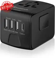 Universal Travel Power Adapter, 2.4A USB-A, 3.0A Type-C, EU/UK/US/AU/Asia, Black
