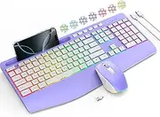 Wireless Keyboard and Mouse Combo- VEILZOR 2.4G Rechargeable Keyboard with Phone Holder, Ergonomic Wrist Rest, 9 RGB Backlit Effects, Silent Keyboard Mouse Set for Windows, Laptop, PC