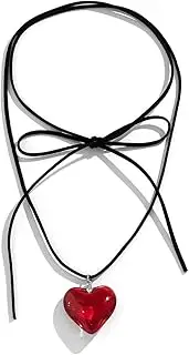 [Mullike] Chunky Puffy Heart Choker Necklace for Women Big Glass Heart Pendant Necklace With Elegant Braided Bow Adjustable Goth Black Velvet Chain Y2K Trendy Jewelry Gifts for Teen Girls