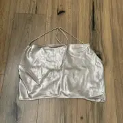 NEW Zara Metallic Silver Halter Top Size Medium Draped Neck Strappy Cropped