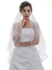 2T 2 Layer Fingertip Silver Thread Floral Beads Veil Bridal Shower Wedding Party
