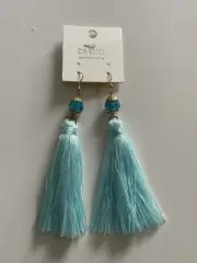 New DaVinci Sky Blue and Gold Tassel Earrings 4.5" Fish Hook Beaded Statement