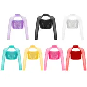 Girls Dance Crop Top Hollow Shiny Sequin Hip Hop Jazz Street Tee Shirt AU