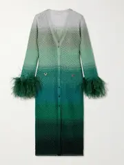 [Valentino Garavani] Valentino Garavani - Feather-trimmed Dégradé Metallic Knitted Midi Dress - Green - small small Green