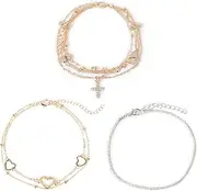 [SSKHE] 3Pcs Ankle Bracelets for Women,Sparkling Adjustable Beach Waterproof Anklets Layered Heart Pendant Anklets Silver Gold Anklets Boho Double Anklets