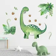 Yovkky Watercolor Large Dinosaur Wall Decals Stickers, Green Brachiosaurus Dino Tropical Palm Leaves Monstera Toddler Baby Nursery Decor, Footprints Home Decorations Kids Boys Bedroom Playroom Art