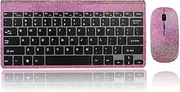 Luxury Bling Dazzling Crystal Rhineston Wireless Keyboard Mouse, Ultra Slim and Compact Computer Cordless Keyboard and Mouse Combo for Laptop, Windows,Desktop, PC - Rose Red