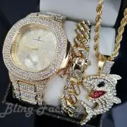 6ix9ine HIP HOP GOLD PT WATCH & ICED CUBAN BRACELET & SHARK 24" CHAIN NECKLACE