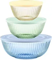 [Pyrex] Sculpted Tinted 6-PC Full Set, Small/Medium/Large Glass Mixing Bowls with Lids, Nesting Space Saving Set of Bowls for Prepping and Baking, 1.3QT, 2.3QT & 4.5QT