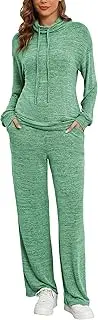[Famulily] Cowl Neck Womens Tracksuit Sets Drawstring Long Sleeve Pullover Top and Elastic Waist Wide Leg Pants with Pockets