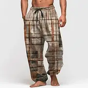 Men's Color Block Patchwork Trousers Baggy Pants Casual Pants Mid Waist Retro Vintage Outdoor Vacation Elastic Drawstring Waist Linen-Like Pants with Pockets S