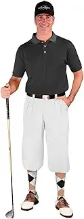 [Golf Knickers] Mens Outfit - White Microfiber, Limited Edition Ball Cap, Over-The-Calf Argyle Socks, Black Golf Shirt