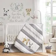 Levtex Baby - Mozambique Crib Bed Set - Baby Nursery Set - Baby Jungle Animals - Grey Taupe Charcoal Green White - 4 Piece Set Includes Quilt, One Fitted Sheet, Wall Decal & Skirt/Dust Ruffle