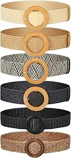[Geyoga] 6 Pack Women Straw Belt Woven Elastic Stretch Waist Belt Skinny Braided Waist Belt Boho Rattan Belts with Wood Buckle Belts for Women Dress Belt, 2 Sizes, Multicolor, 100