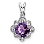 Solid 14k White Gold Simulated Amethyst and CZ Scalloped Pendant