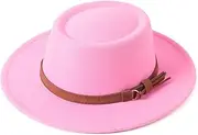 [Lanzom] Women Vintage Wide Brim Warm Wool Fedora Hat Belt Panama Hat Felt Jazz Hat Fit Size 6 8/7-7 1/4